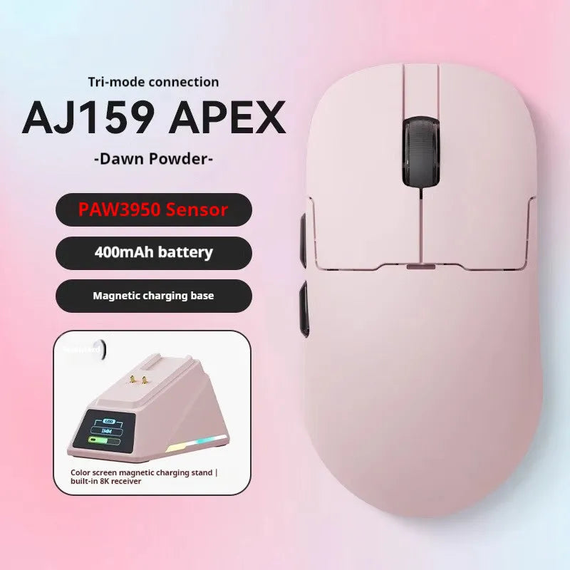 AJ159 gaming mouse in various colours showing compact design with Teflon feet.