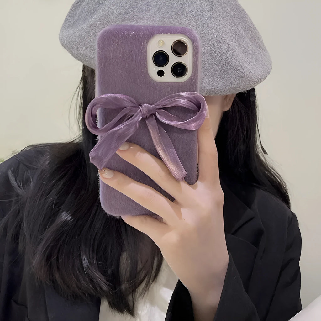Purple Korean style silk bow mink plush phone case for Apple iPhone models