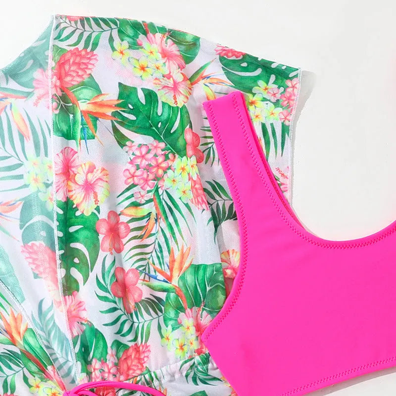 Girls floral print two-piece swimsuit set in high elasticity polyester fabric.