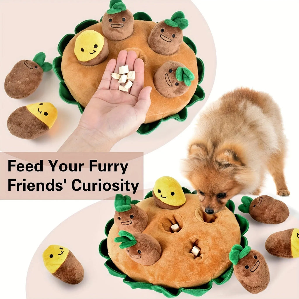 Yellow interactive dog puzzle pad with removable squeaky plush toys for foraging training