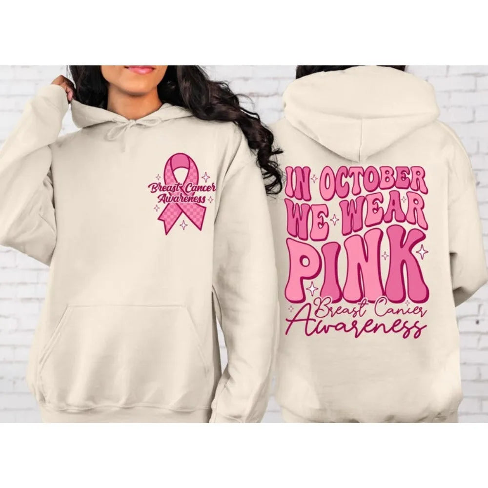 Breast cancer awareness sweatshirt with retro pattern and side seam pockets in pink, white, khaki or black