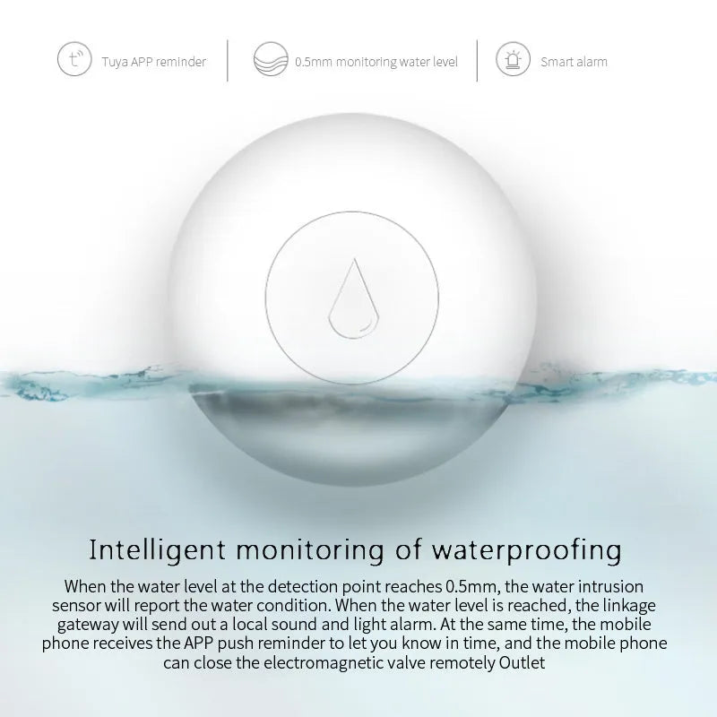 Zigbee wireless water flood sensor on a white background, showing compact size and battery compartment.