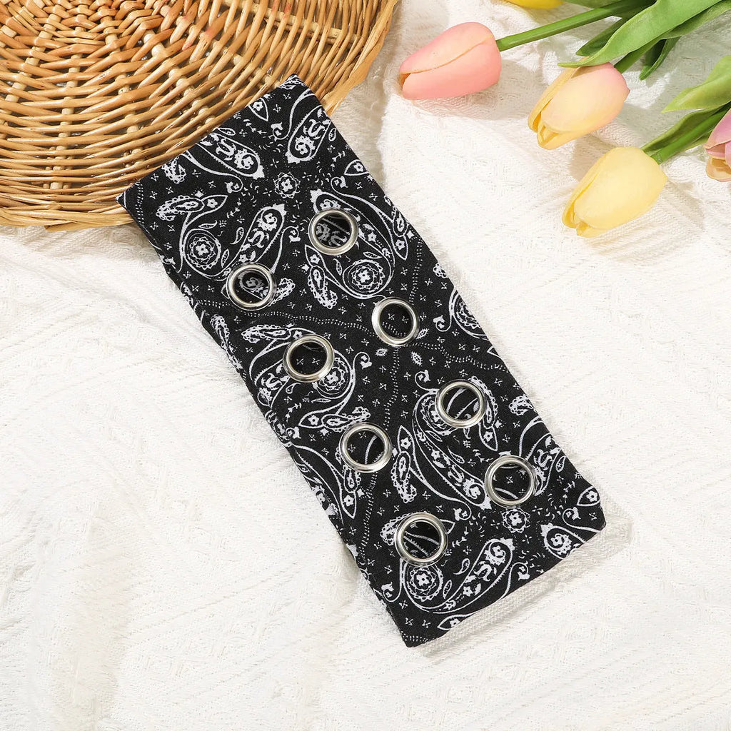 Punk metal circle pullover hair band in polyester with hollow metal detail and colour options