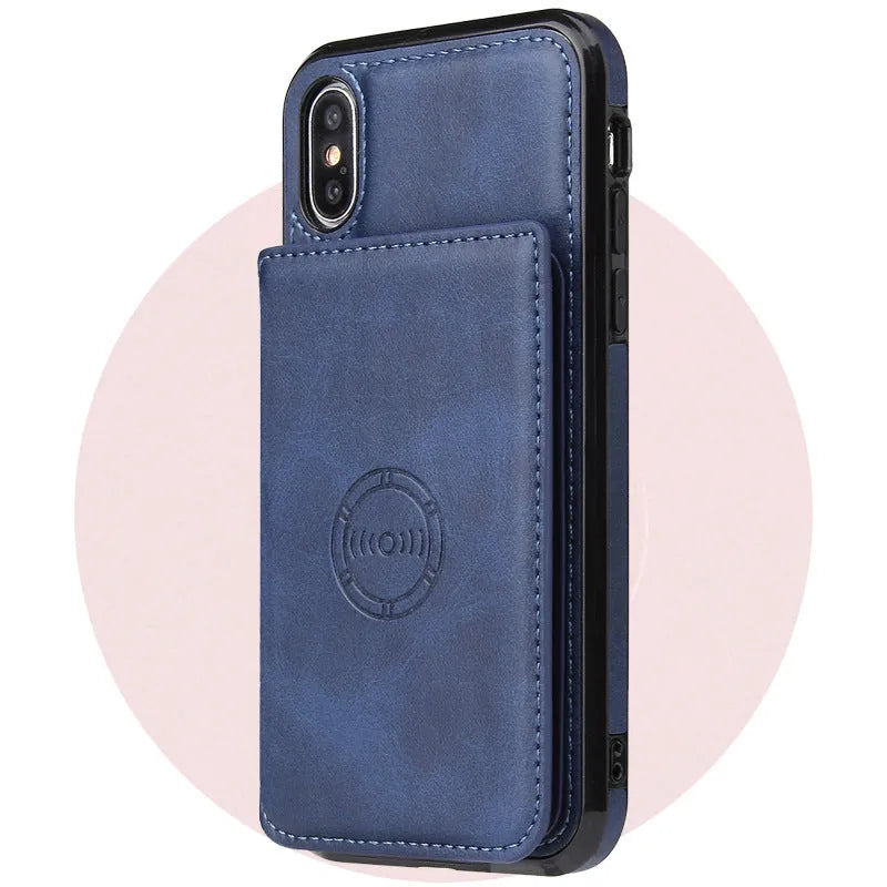 Imitation leather card wallet phone case back cover for iPhone in multiple solid colours