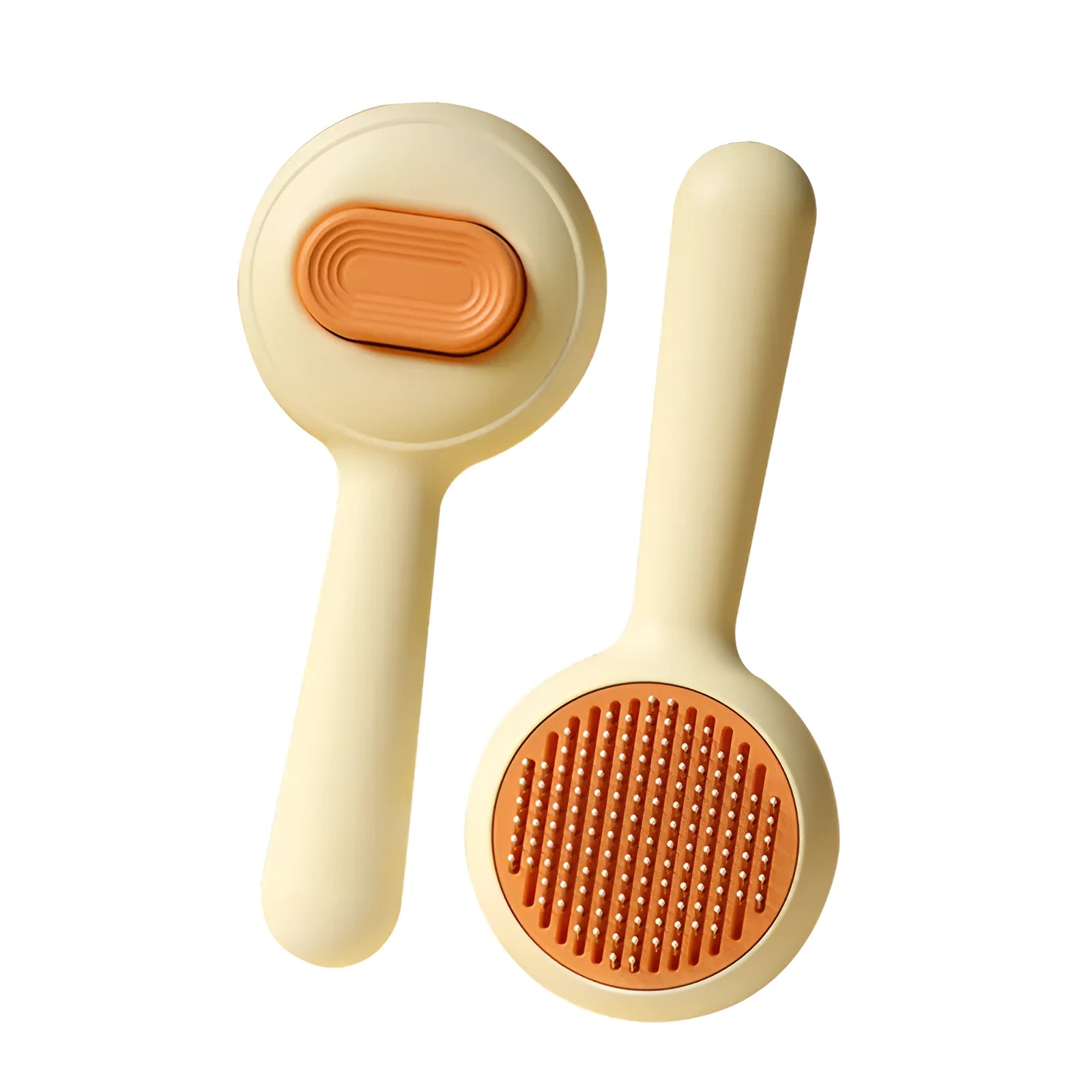 Pet grooming brush with stainless steel teeth and non-slip handle in green and yellow colours