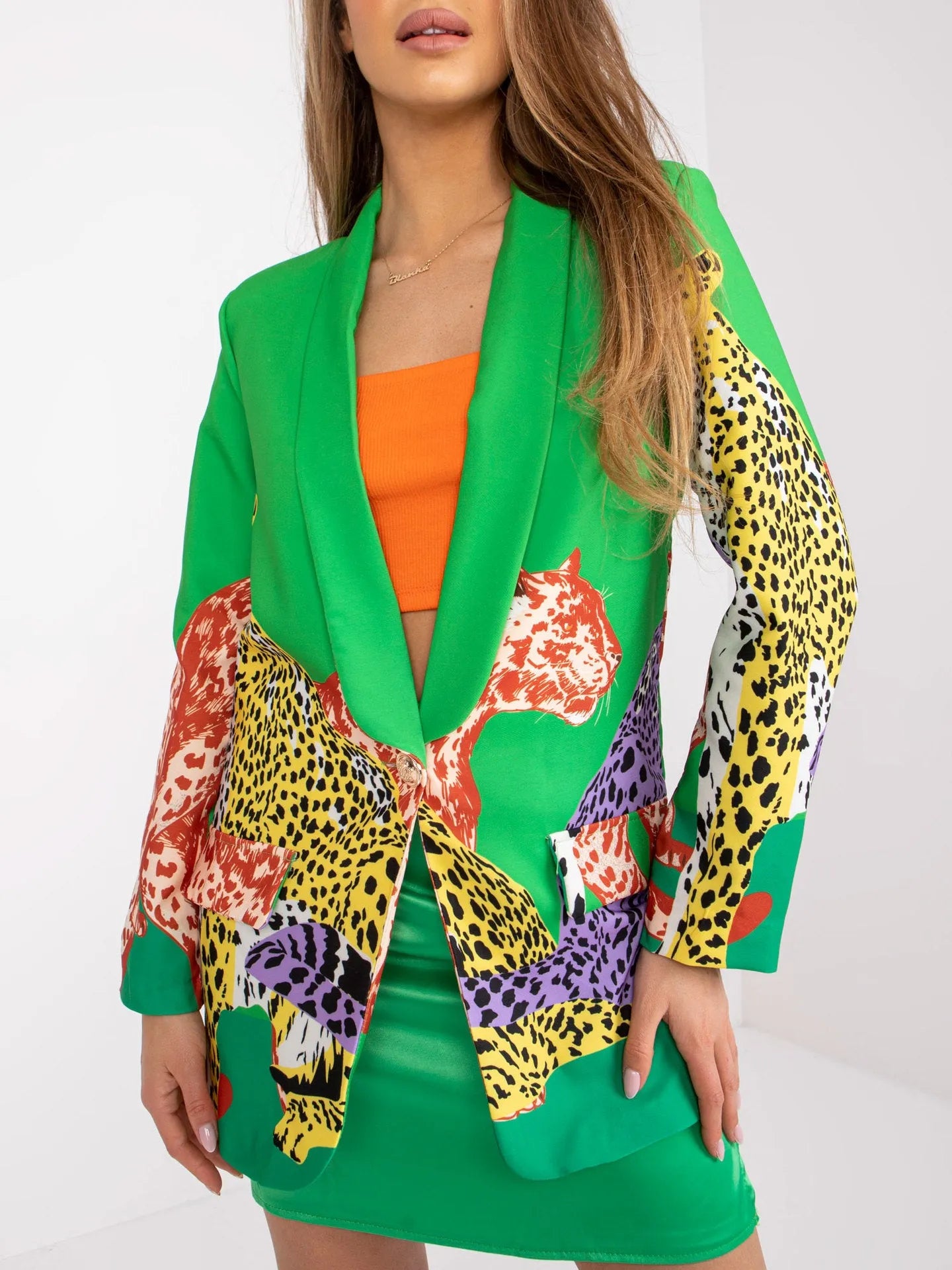 Leopard print slim fit long suit jacket for women, medium length 65cm, black with contrast colour, front pocket, street fashion style