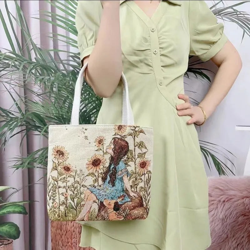 Double-sided gold wire embroidered handheld canvas tote bag in a choice of seven patterns and three sizes.