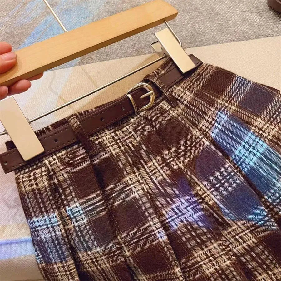 Girls' plaid pleated A-line skirt in cotton blend with six height size options