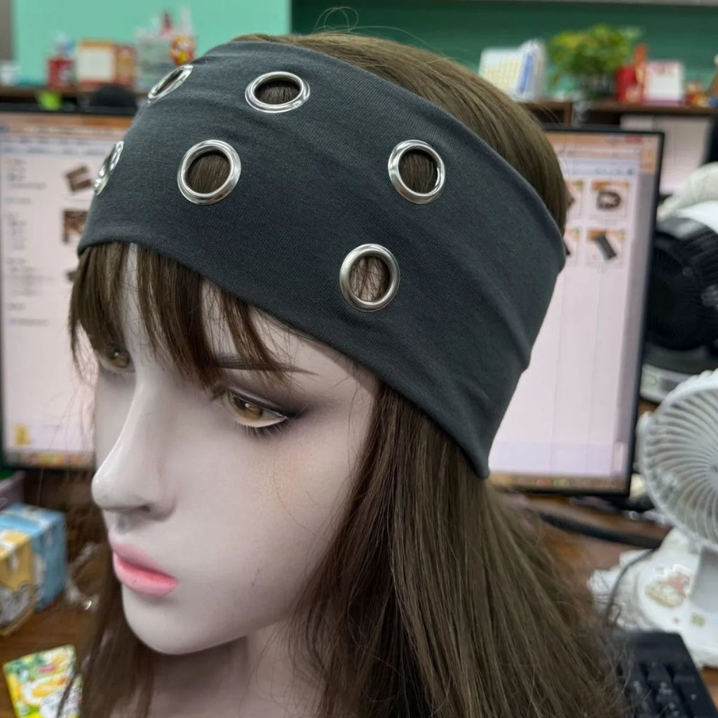 Punk metal circle pullover hair band in polyester with hollow metal detail and colour options