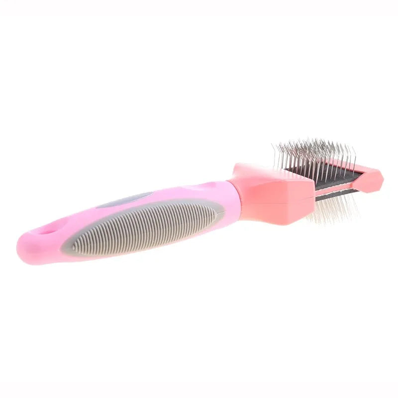 Double-sided pet grooming brush with stainless steel bristles in blue colour