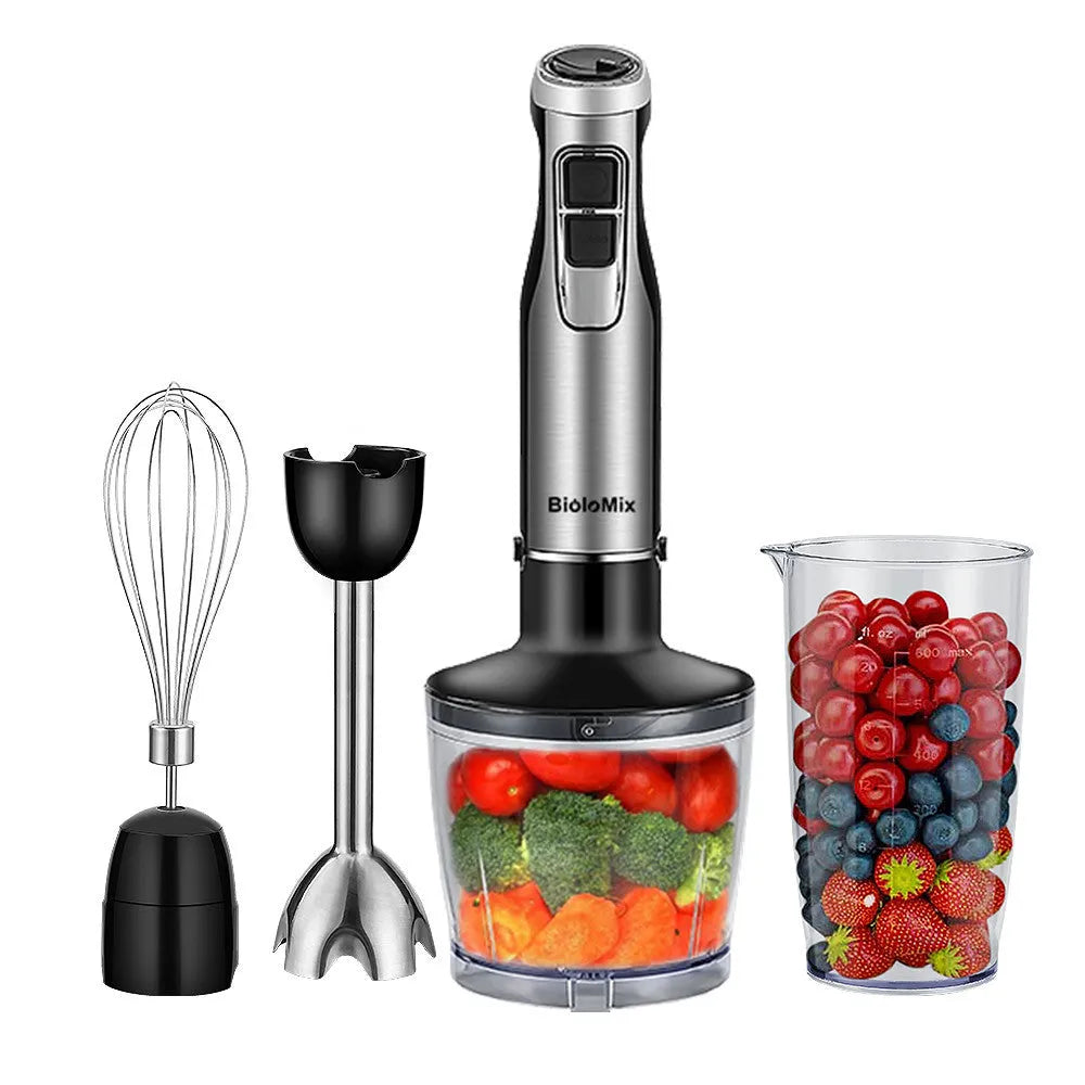 Biolomix 4-in-1 hand blender with stainless steel shaft, whisk, chopper bowl, and blending beaker in black