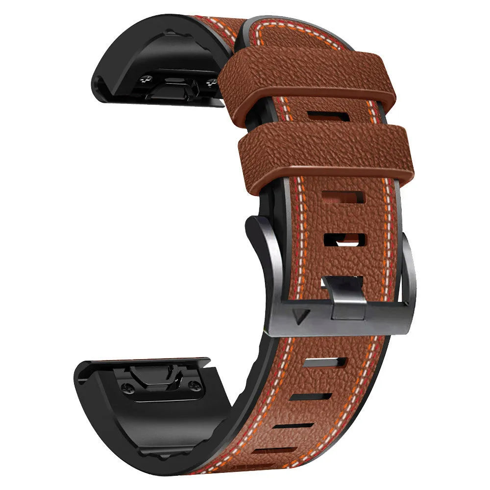 Black quick release silicone leather watchband for Garmin Fenix watches showing 22mm and 26mm size options.
