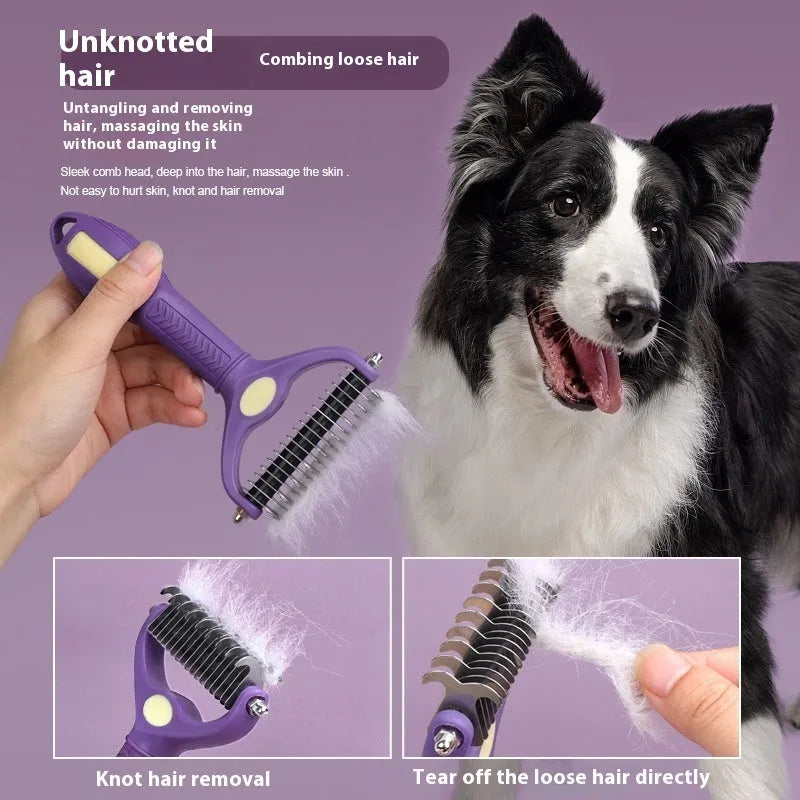 Purple plastic double-sided pet grooming comb for untangling knots on dogs and cats.