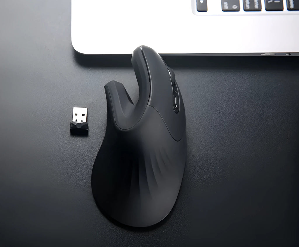 Wireless vertical mouse with 6 buttons, adjustable DPI, extended wrist rest and diamond pattern in black