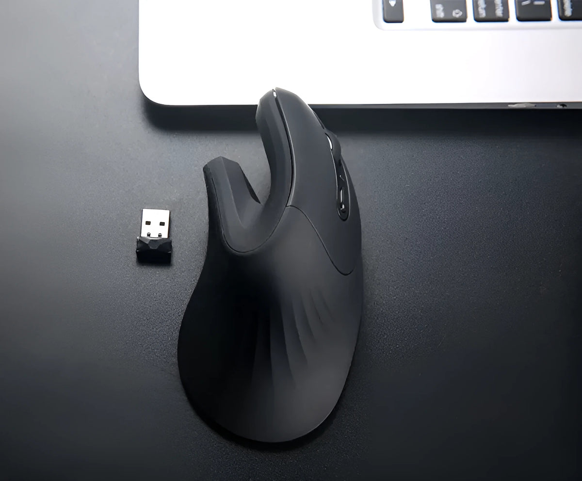 Wireless vertical mouse with 6 buttons, adjustable DPI, extended wrist rest and diamond pattern in black