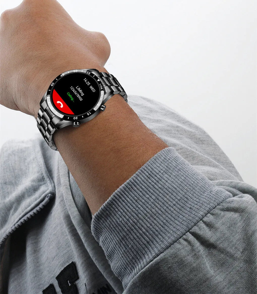 Smart watch with stainless steel band and 1.3 inch touch screen showing activity tracking display