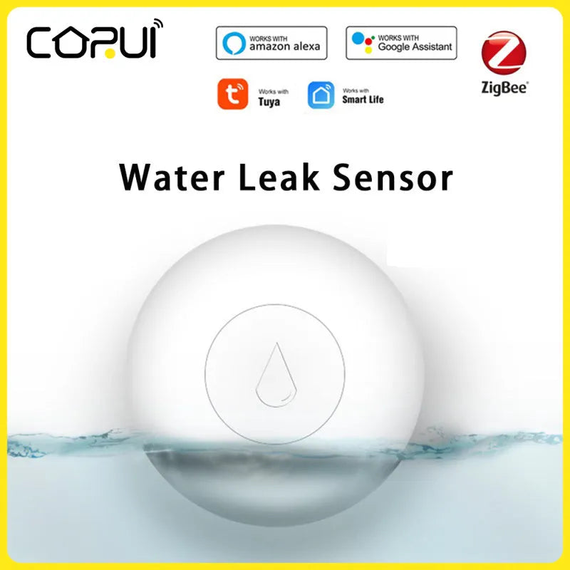 Zigbee wireless water flood sensor on a white background, showing compact size and battery compartment.