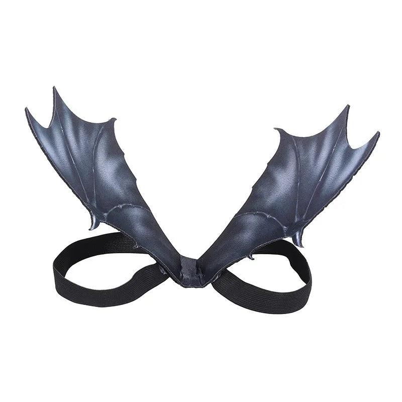 Black cloth bat wing Halloween costume for a dog or cat showing three size options.