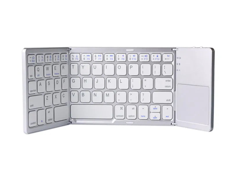 Black tri-fold Bluetooth keyboard with touchpad shown in folded and unfolded positions