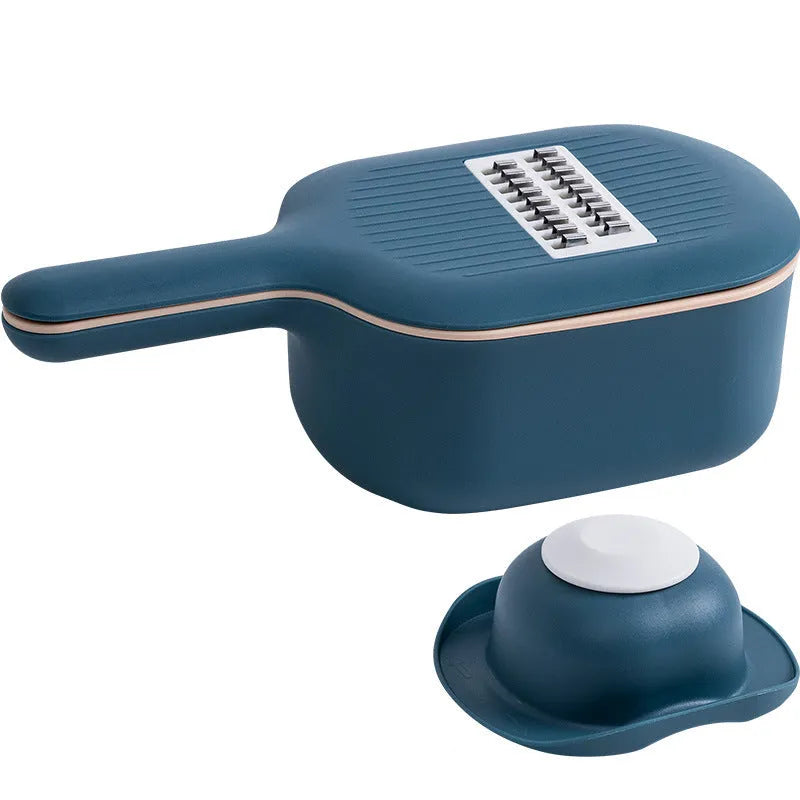 Vegetable cutter with four blades, hand protection, drain basket and bottom basin in dark blue, pink, white or light blue