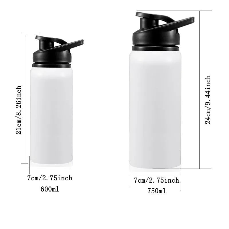 White aluminium sports cycling water bottle for cold drinks with 600ml and 750ml capacity options