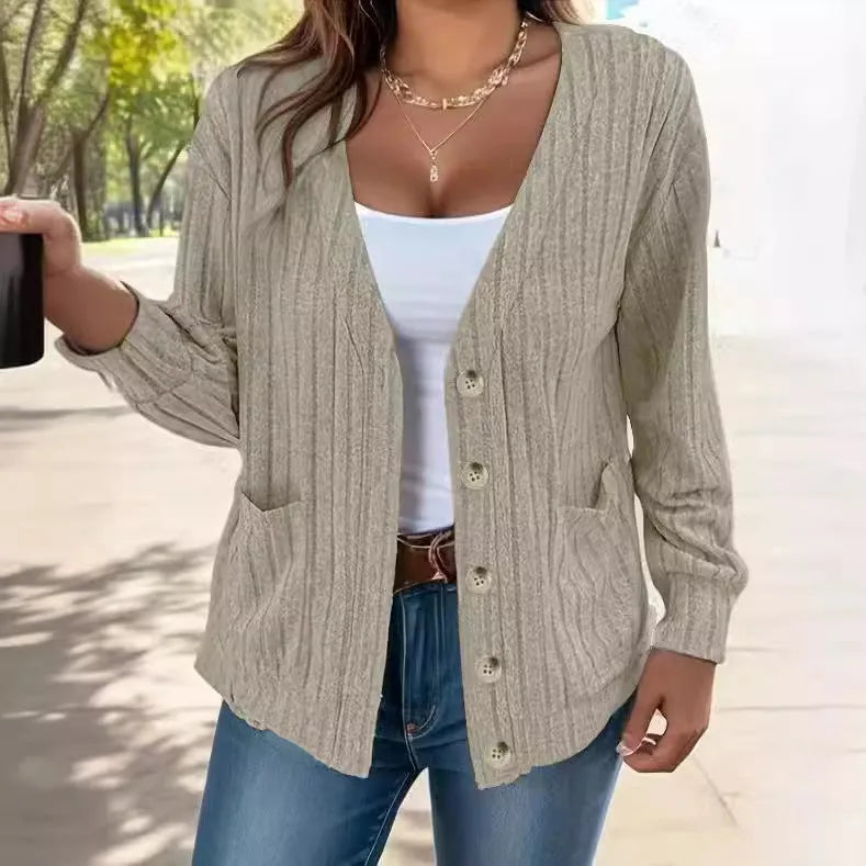 Women's loose fit V-neck long sleeve button front cardigan in light gray, available in sizes S to 5XL
