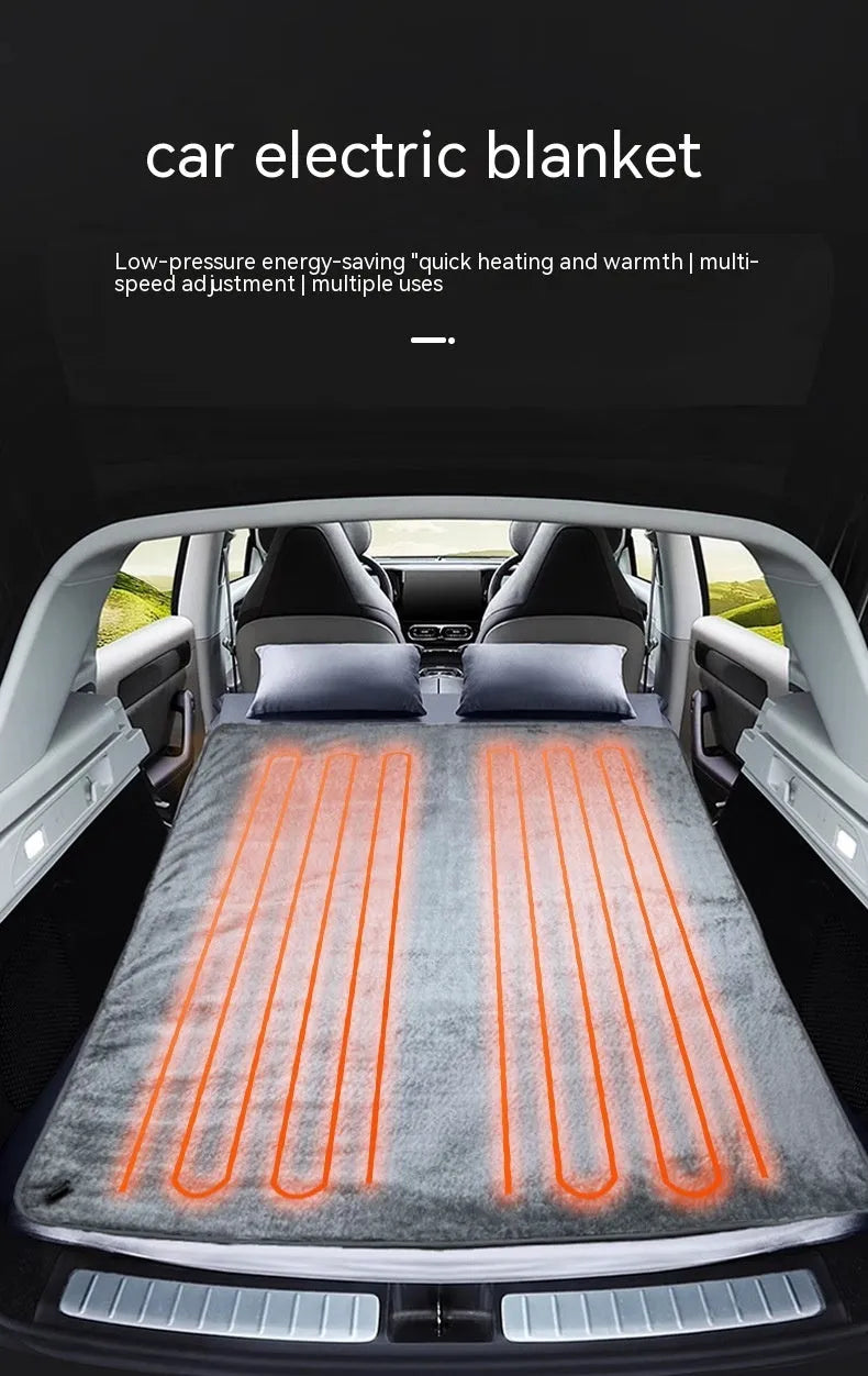 Grey 12V car electric blanket with cigarette lighter plug showing 160x150 cm double width dimensions