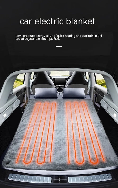 Grey 12V car electric blanket showing cigarette lighter plug connection and temperature control