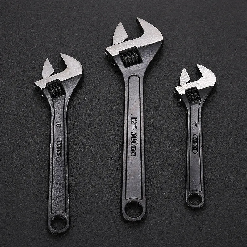 High carbon steel adjustable spanner with blackened finish and ergonomic handle in multiple size options