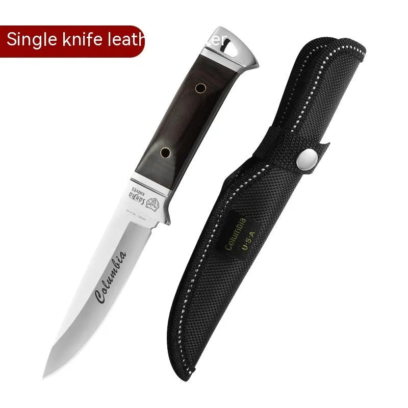 Camping multifunctional portable fruit knife with leather case, stainless steel construction
