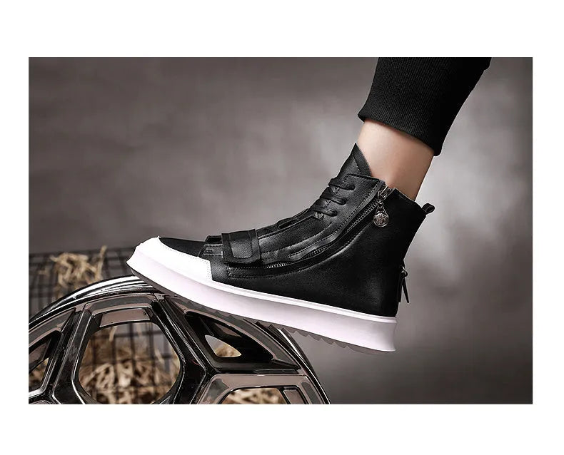 Men's black PU leather high-top ankle boot on a white background