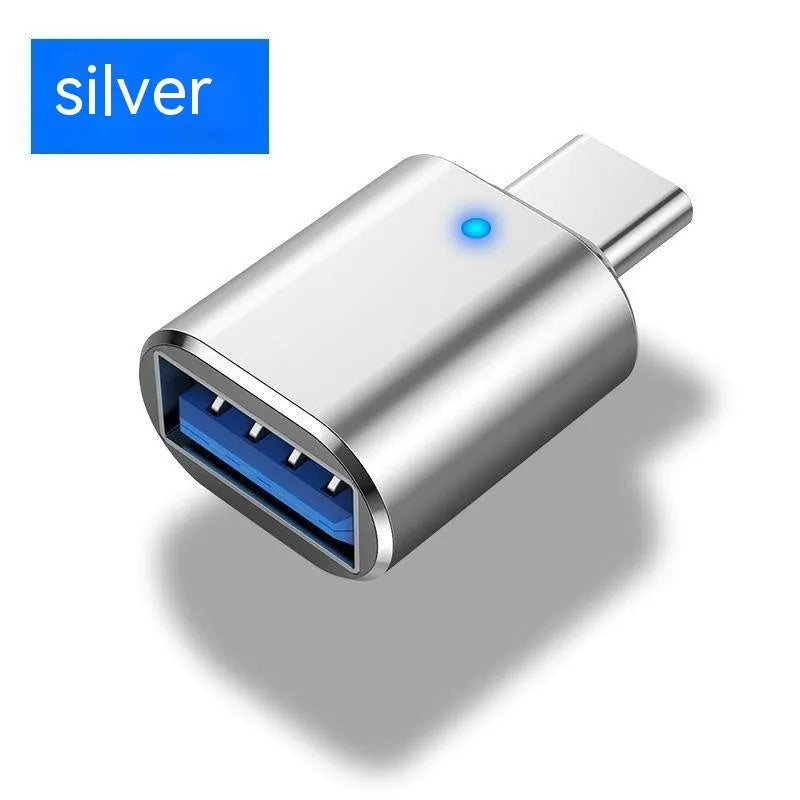 Type-C to USB 3.0 OTG adapter with indicator light showing connected to a phone and a mouse