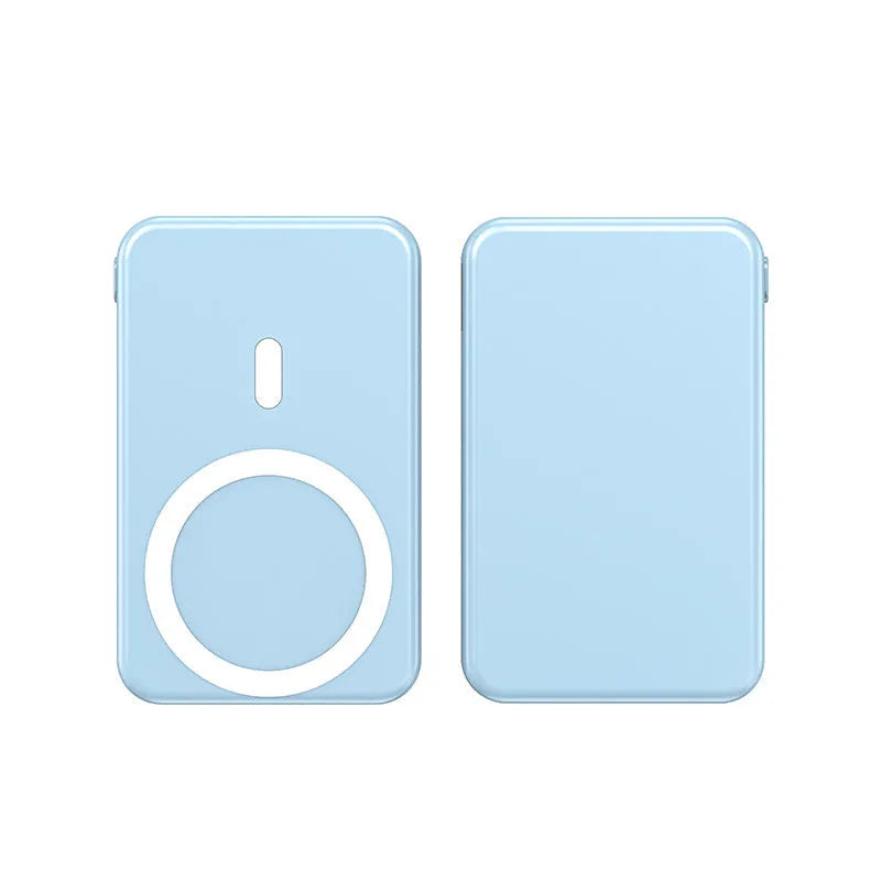 Magnetic wireless charging power bank with folding stand unfolded, shown in navy blue colour.