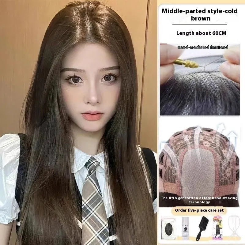 Black long straight full-head synthetic wig with lace front and side bangs.