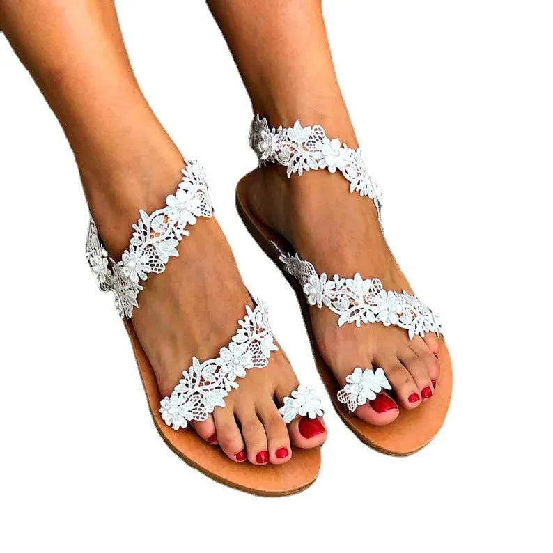 White plus size women's flat sandals with rhinestone and floral decoration on patent PU