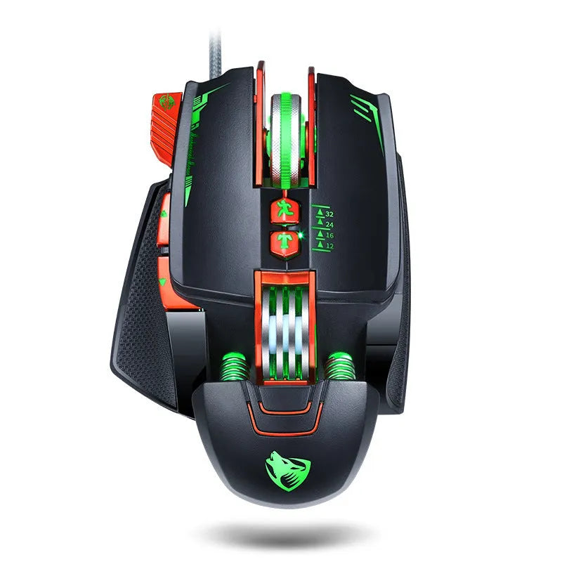 Thunder Wolf V9 black wired gaming mouse with six buttons and ergonomic right-handed shape on a desk