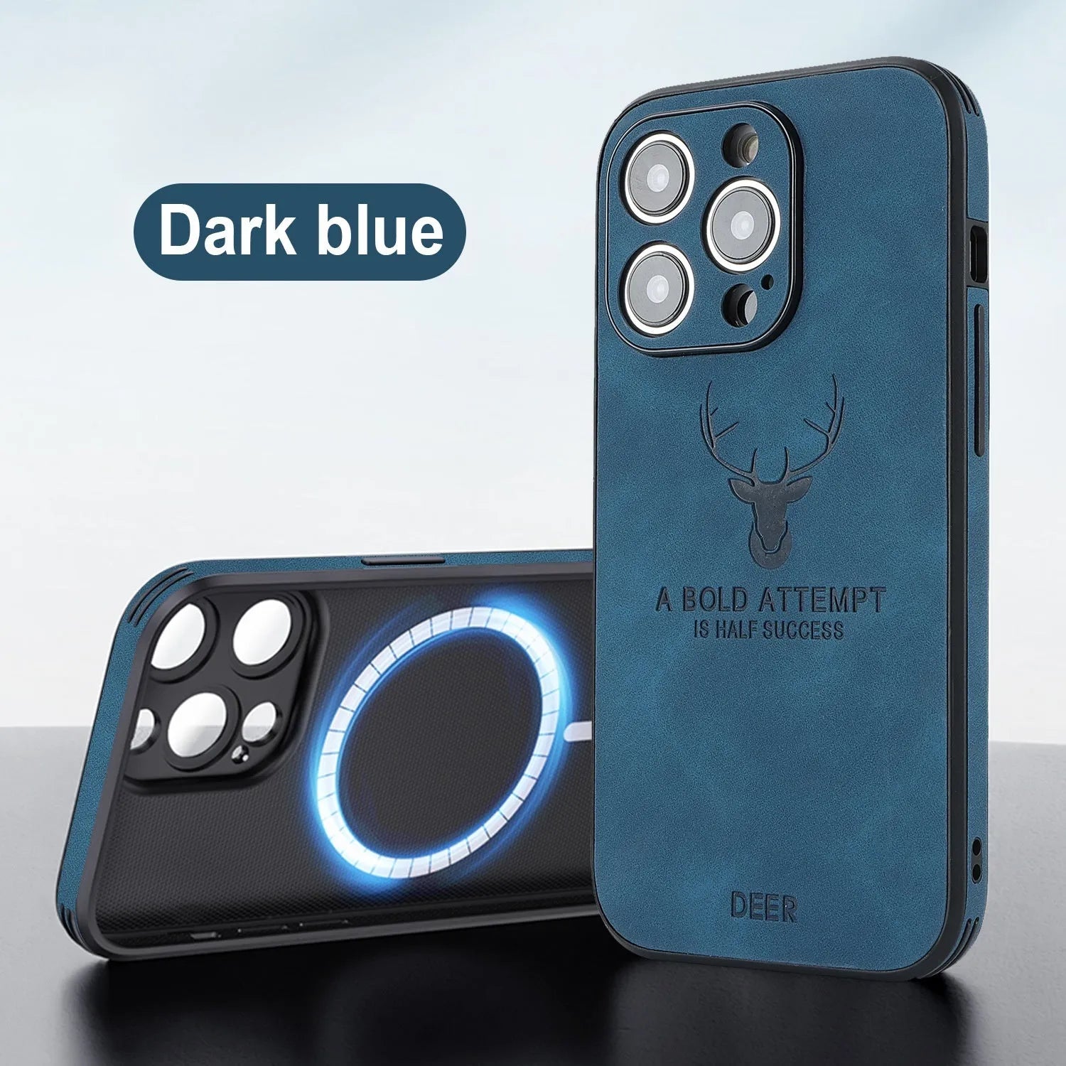 iPhone 16 series imitation leather phone case with embossed moose head design showing magnetic charging compatibility