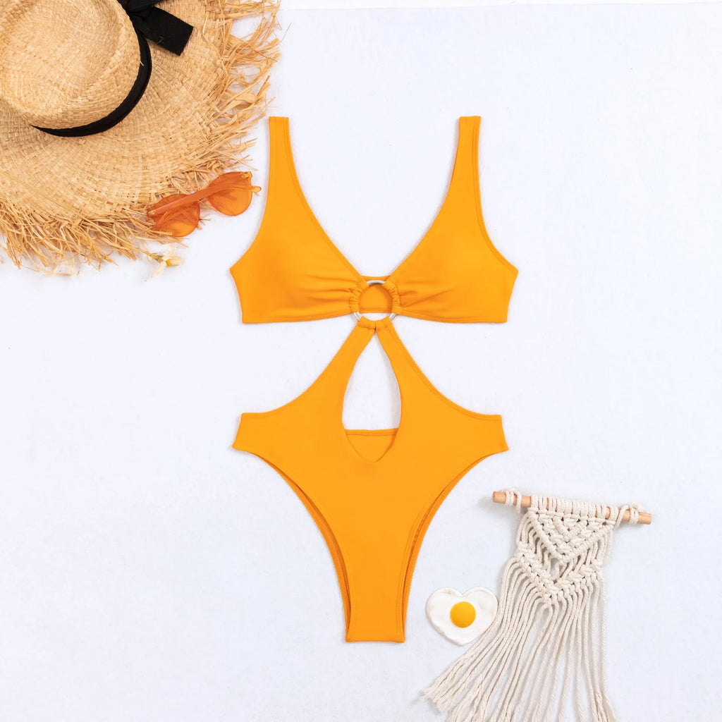 Women's black nylon one-piece swimsuit with triangle top on mannequin