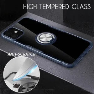 Black PU back cover case fitted on an iPhone 11 Pro Max, showing button and port access.
