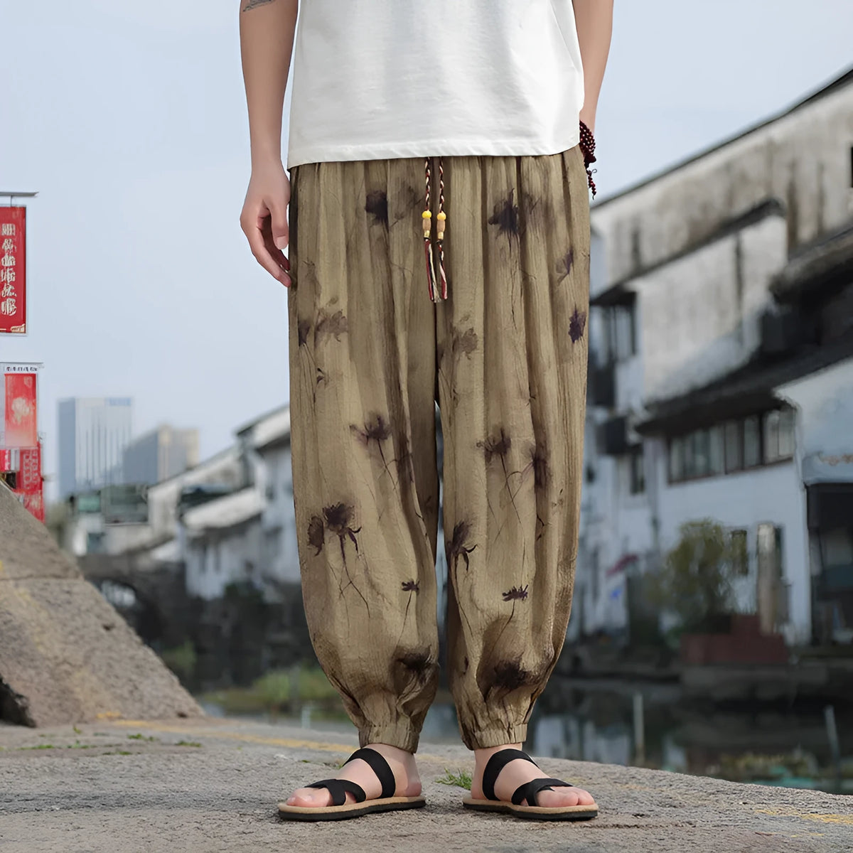 Men's khaki polyester casual trousers, full length, thin breathable fabric with micro elasticity, sizes M to 5XL