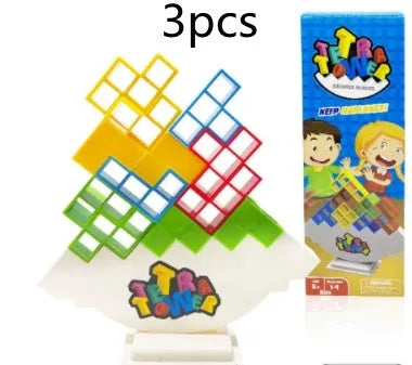 Plastic balance stacking game with 16 colourful building blocks on chassis
