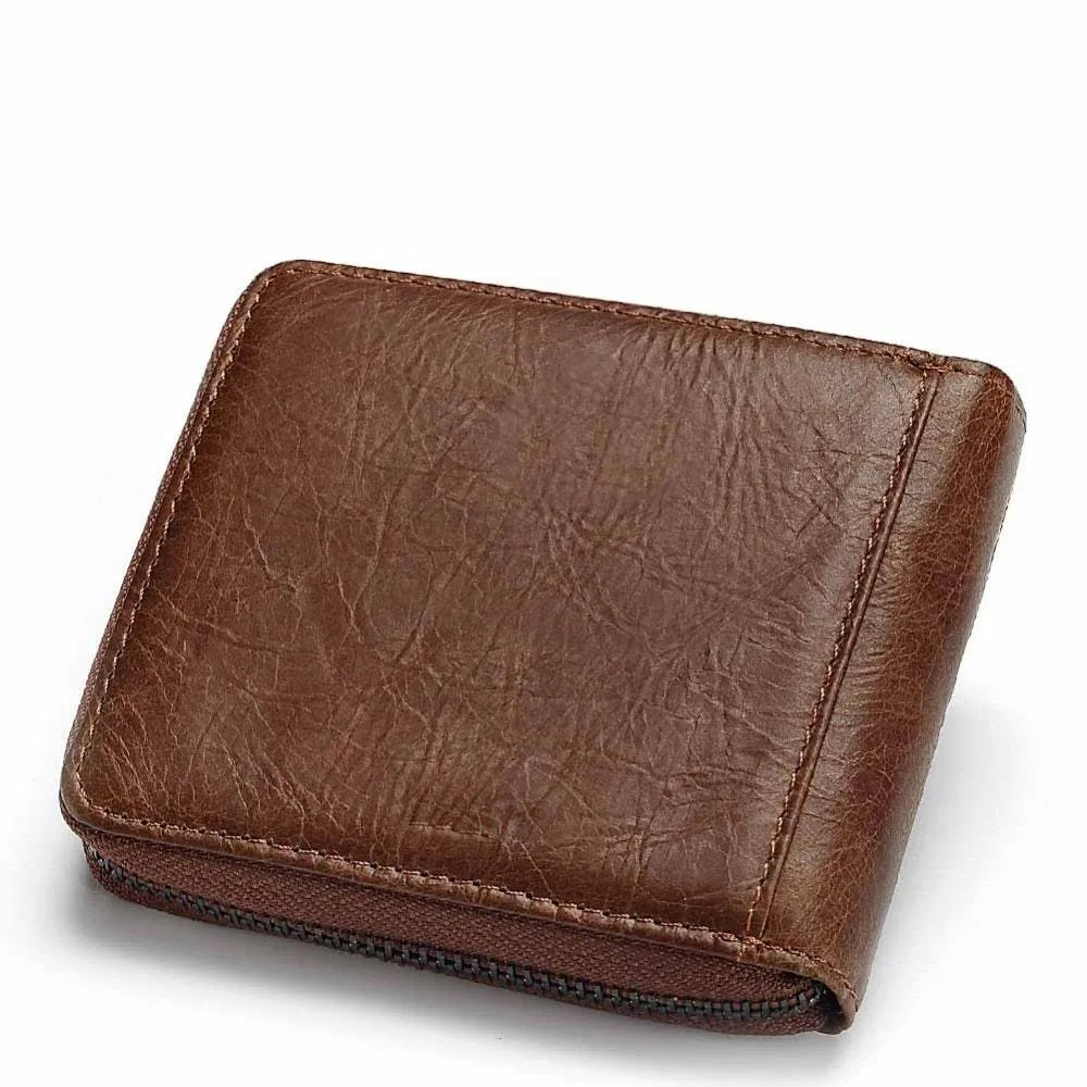 Soft genuine leather men's wallet with zipper closure showing internal compartments in coffee colour