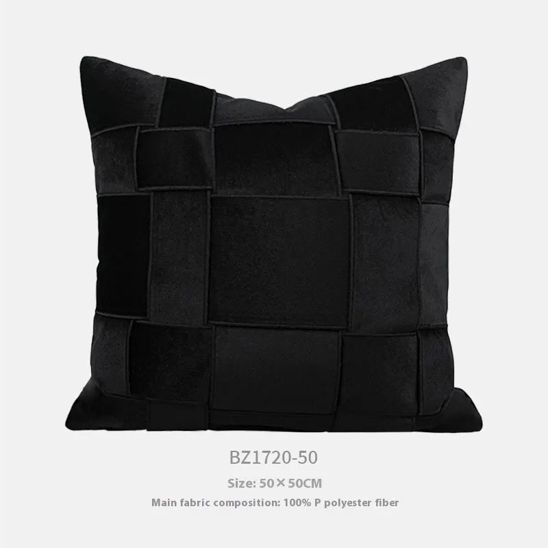 Square chenille woven cushion in a choice of colours, shown on a sofa, measuring 50x50cm.