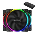 Three black 120mm RGB PC cooling fans with illuminated blades