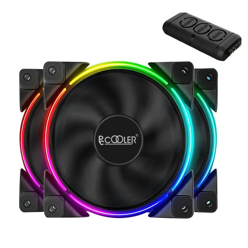 Three black 120mm RGB PC cooling fans with illuminated blades