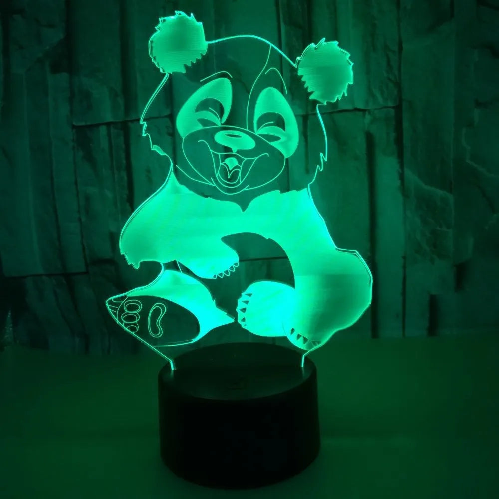 Panda 3D night light with black ABS base and clear acrylic panel showing colourful gradient lighting.
