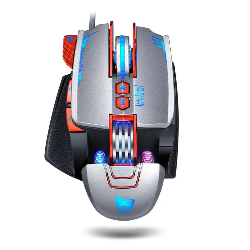 Thunder Wolf V9 black wired gaming mouse with six buttons and ergonomic right-handed shape on a desk