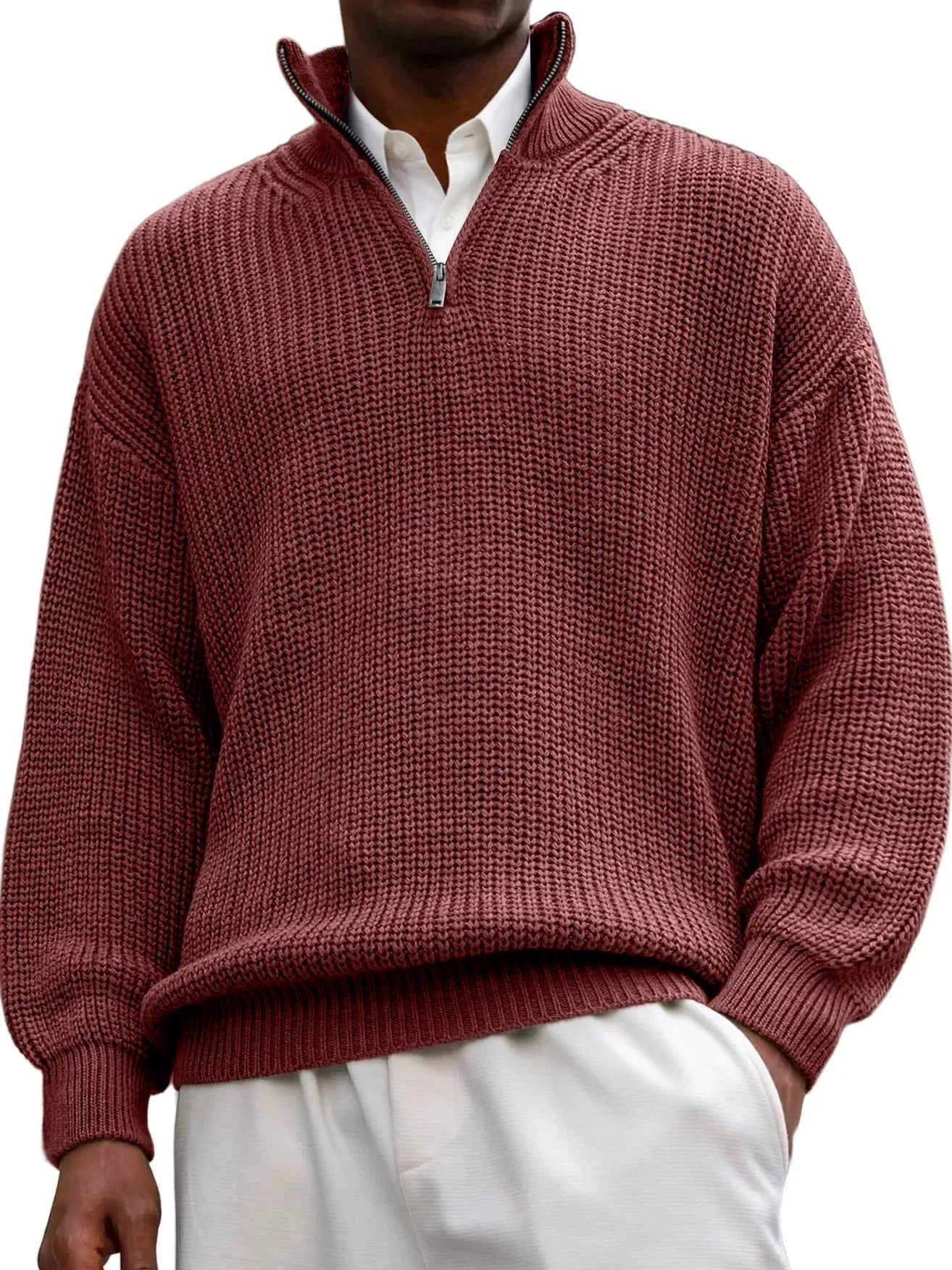Fashion men's casual long sleeve half-zip stand collar polo shirt pullover sweater in black
