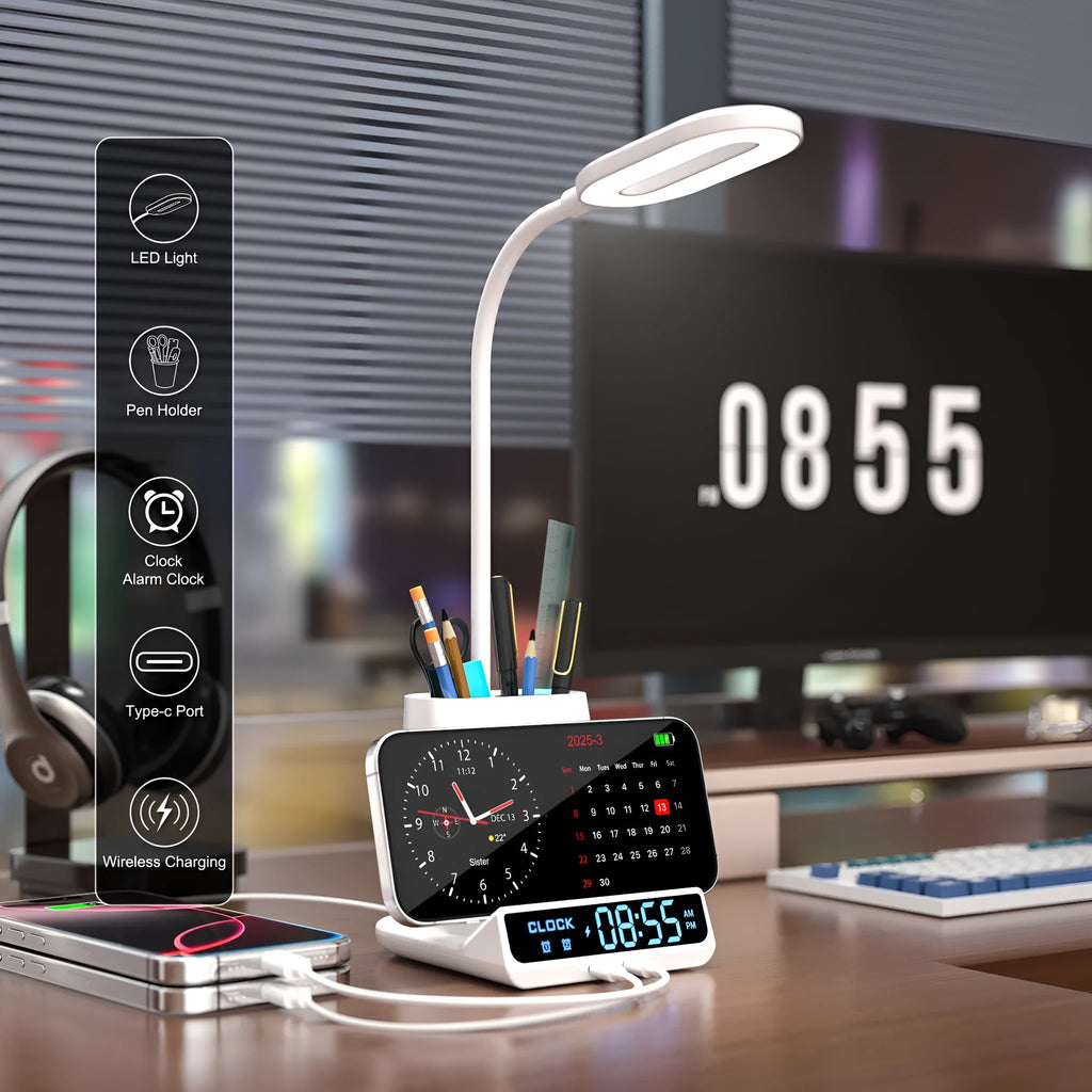 Modern black desk lamp with wireless charging top and built-in pen holder storage compartment.