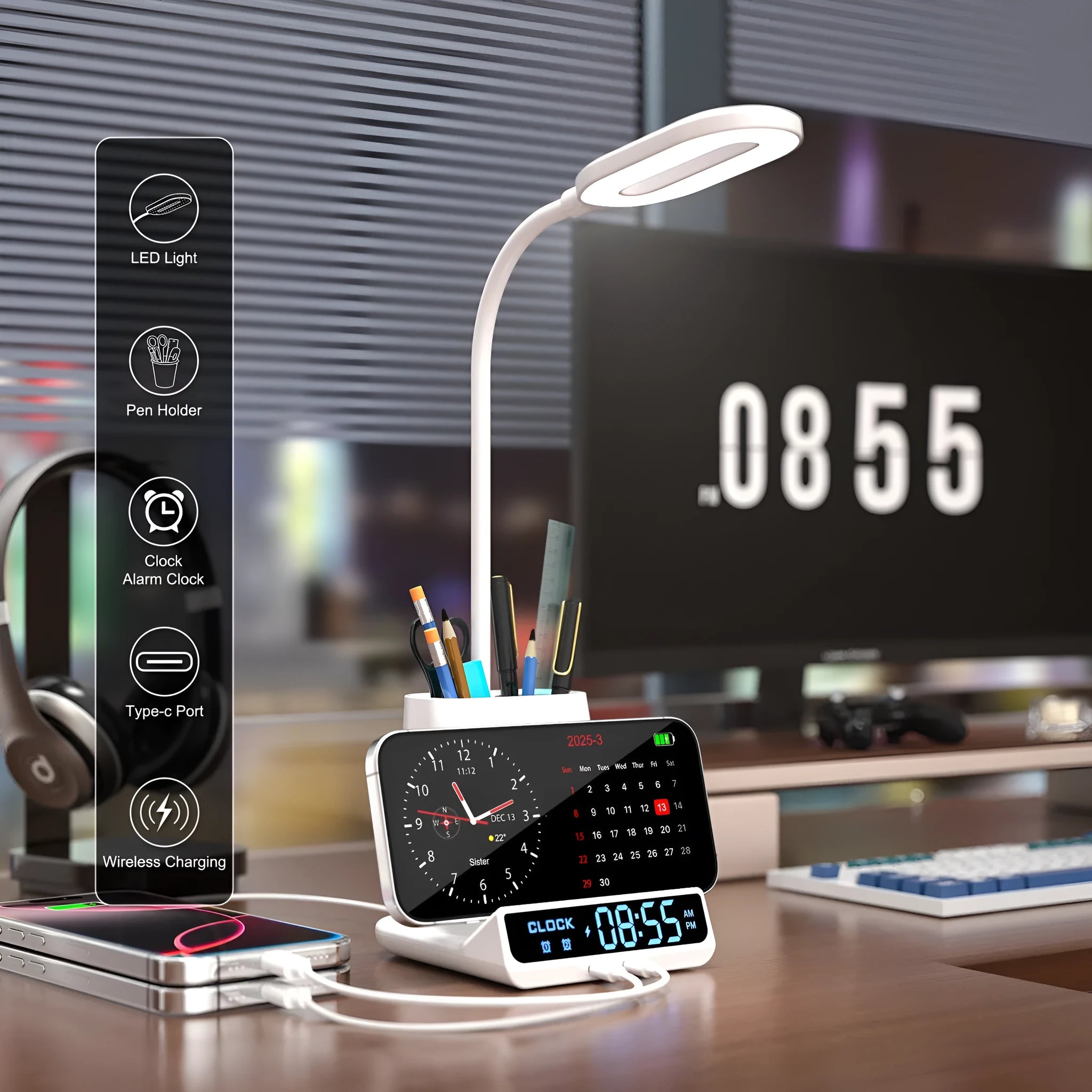 Modern black desk lamp with wireless charging top and built-in pen holder storage compartment.